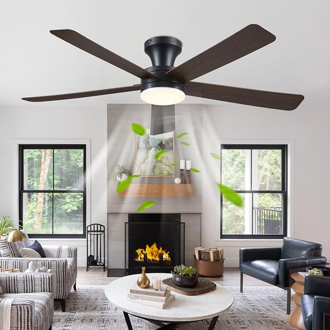 Ayaoty 46" Ceiling Fans with Lights and Remote - Flush Mount Ceiling Fan Light with ABS Blades and 3CCT Dimmable, Reversible, Low Profile Fan Light for Indoor Modern Bedroom, Kitchen, Brown