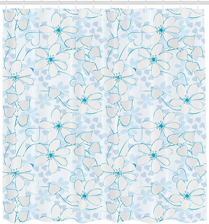 Ambesonne Blue Shower Curtain, Abstract Flowers with Heart Shaped Leaves Romantic Fresh Beauty in Nature, Cloth Fabric Bathroom Decor Set with Hooks, 69" W x 84" L, Pale Blue Aqua White