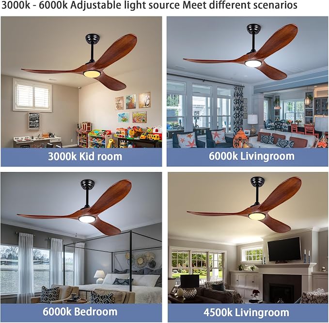 52-inch silent ceiling fan light with remote control, 3CCT, walnut finish. | 3CCT, mobile app, full memory function, for use in living rooms, dining rooms, bedrooms, offices, balconies, and outdoors.