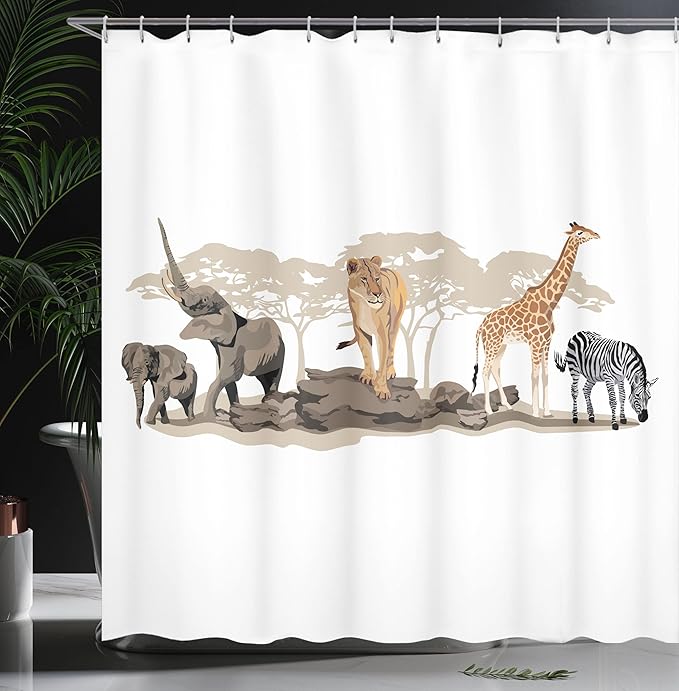 Ambesonne Savannah Shower Curtain, Cartoon Illustration of Wild Savannahs Animals Exotic Giraffe Lion Zebra Print, Cloth Fabric Bathroom Decor Set with Hooks, 69" W x 70" L, Brown Beige