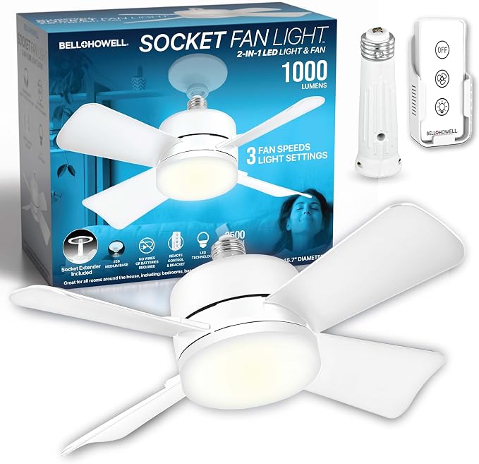 Bell+Howell Socket Breeze 15.4" Socket Fan Light with Remote Control | 1000 Lumens, Portable, Easy to Install Ceiling Fan Replacement for Bedroom, Kitchen, Living Room