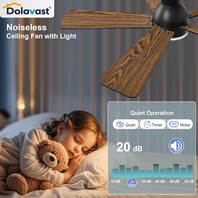 Ceiling Fans with Lights, 42 Inch Low Profile Ceiling Fan with Light and Remote Control, Flush Mount, Reversible, 3CCT, Dimmable LED, Quiet, Black Ceiling Fan for Bedroom, Kitchen