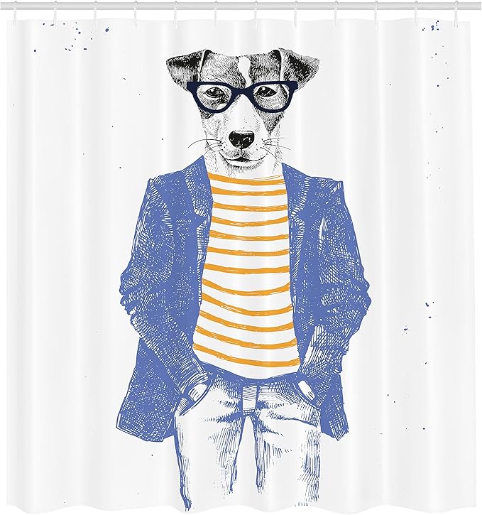 Ambesonne Quirky Shower Curtain, Hipster Jack Russell Dog Glasses Hand Drawn Sketchy Fashion Animal Fun, Cloth Fabric Bathroom Decor Set with Hooks, 69" W x 75" L, Ceil Blue