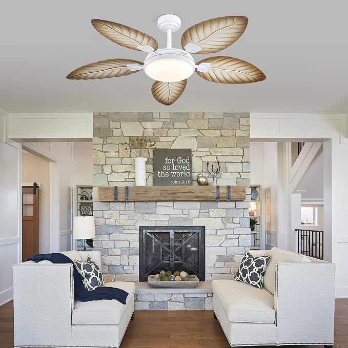 PHORUS 52" Tropical Outdoor Palm Leaf Ceiling Fans with Lights and Remote | Supports Remote and APP, 6 Wind Speeds, Reversible, Dimmable 3CCT LED, 50W Quiet DC Motor,Suits for Living Room Bedroom Patio