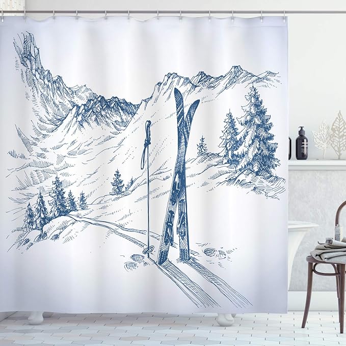 Ambesonne Winter Shower Curtain, Sketchy Graphic of a Downhill Ski Elements in Snow Relax Calm View, Cloth Fabric Bathroom Decor Set with Hooks, 69" W x 75" L, Pale Blue White