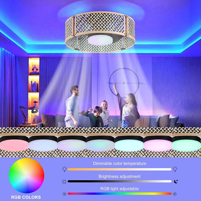 Ganeed 20" Boho Caged Fandelier with Lights, 18W Dimmable LED Rattan Ceiling Fan with Lights and Remote Control, Enclosed 6 Speeds RGB Low Profile Bamboo Fan Light for Bedroom, Living Room, Kitchen