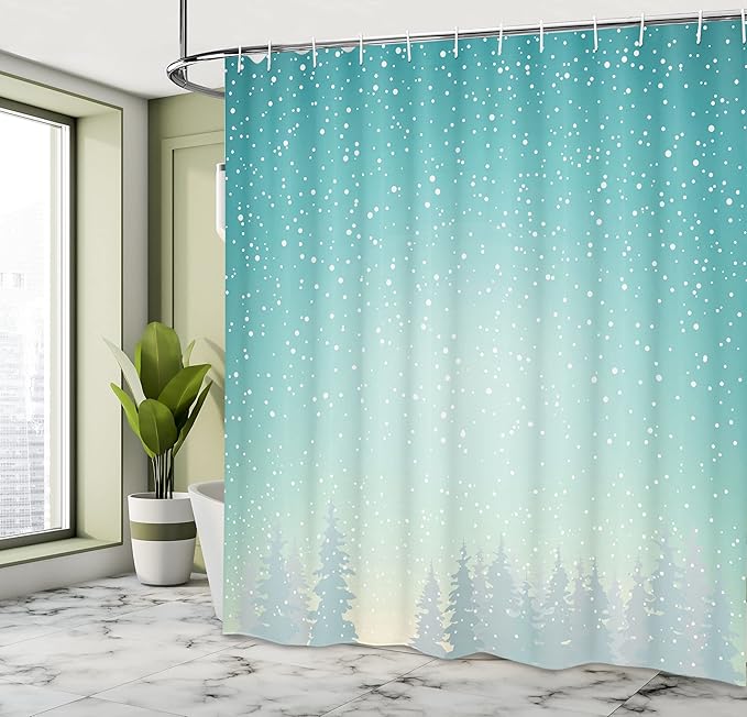 Ambesonne Winter Shower Curtain, Snow Falls on The Spruce Forest Fir Trees Seasonal Nature Woods ICY Cold Xmas, Cloth Fabric Bathroom Decor Set with Hooks, 69" W x 75" L, Turquoise White