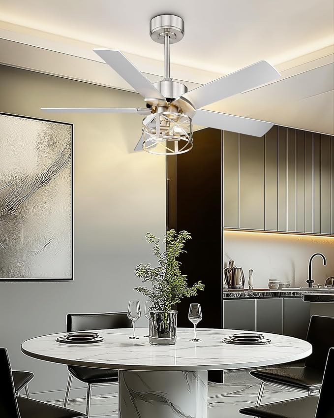 YOUKAIN 42 Inch Ceiling Fans, Farmhouse Ceiling Fans with Lights and Remote, 5-Reversible Blades with Gray Oak/Brushed Nickel Finish, 42-YJ632-BNW