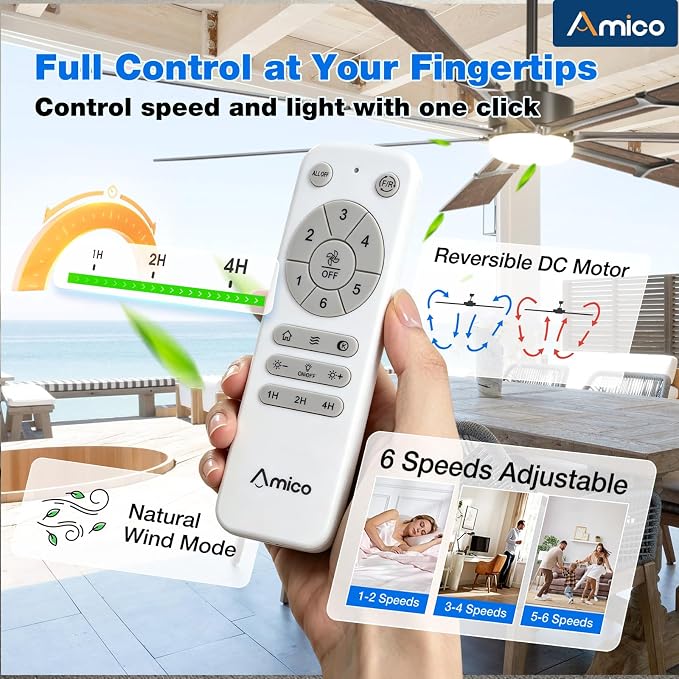 Amico 80 Inch Ceiling Fans with Lights and Remote, Indoor Outdoor Ceiling Fan for Patio Living Room, Kitchen, Quiet 6-Speed Reversible DC Motor, Dual-Sided Blades, Modern Farmhouse Dimmable & 3CCT
