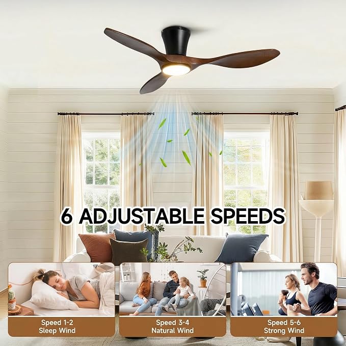 Skylike 42" Flush Mount Wood Ceiling Fan with Lights, 3 Blade Low Profile Farmhouse Ceiling Fan with Remote Control,Quiet Indoor/Outdoor Dark Walnut Ceiling Fan for Patio,Gazebo, Balcony, Living Room