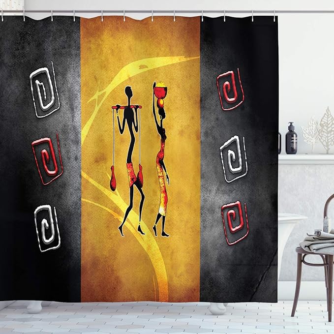 Ambesonne African Shower Curtain, People Carrying Some Local Elements on Their Heads Retro Drawing Style, Cloth Fabric Bathroom Decor Set with Hooks, 69" W x 75" L, Black Grey