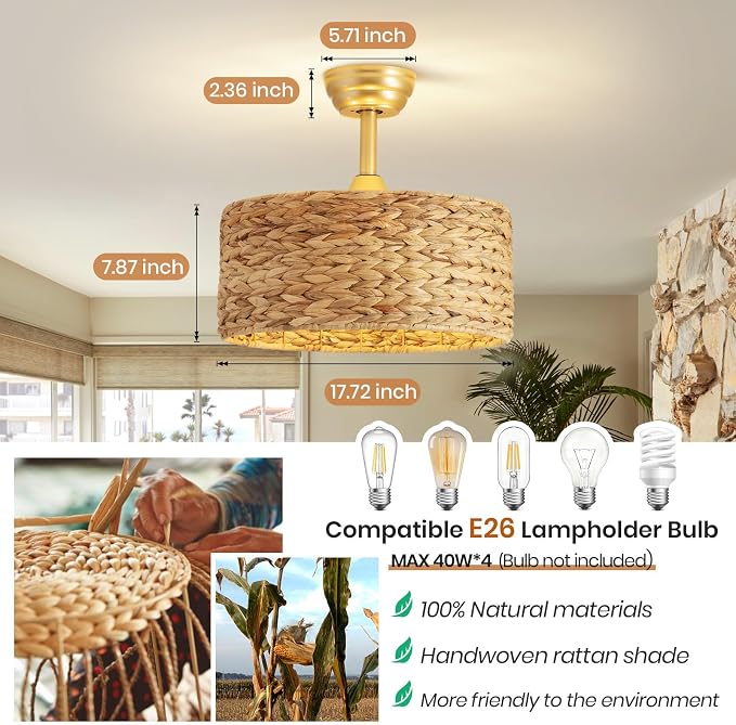Boho Fandelier Ceiling Fans with Lights,Rattan Chandelier Fan Gold Caged Ceiling Fan with Light Remote Flush Mount Chandelier Ceiling Fan 6 Speeds Fandelier for Bedroom Living Room Kitchen