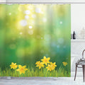 Ambesonne Daffodils Shower Curtain, Fresh Daffodil Flowers on Spring Sun Beams Blurred Background Print, Cloth Fabric Bathroom Decor Set with Hooks, 69" W x 70" L, Mustard Green