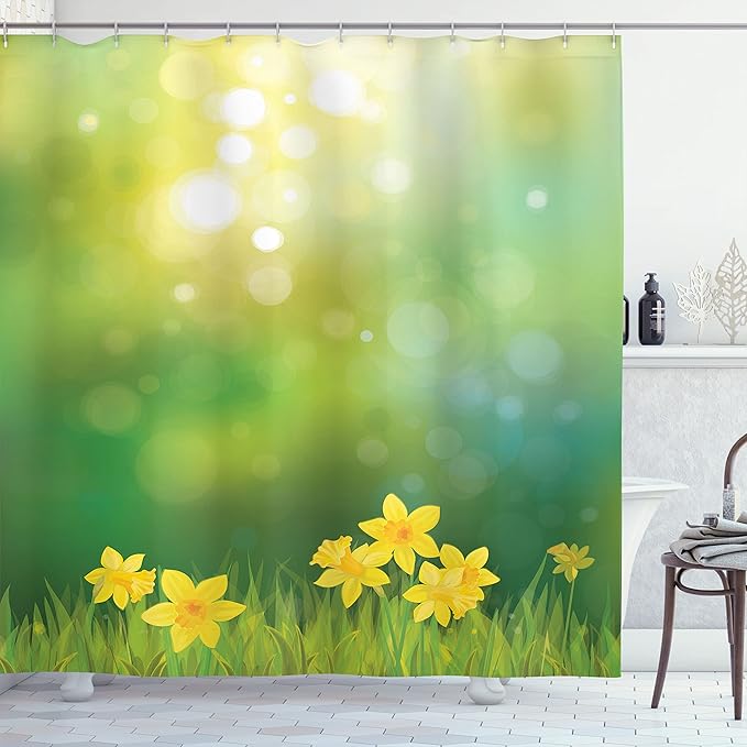 Ambesonne Daffodils Shower Curtain, Fresh Daffodil Flowers on Spring Sun Beams Blurred Background Print, Cloth Fabric Bathroom Decor Set with Hooks, 69" W x 70" L, Mustard Green