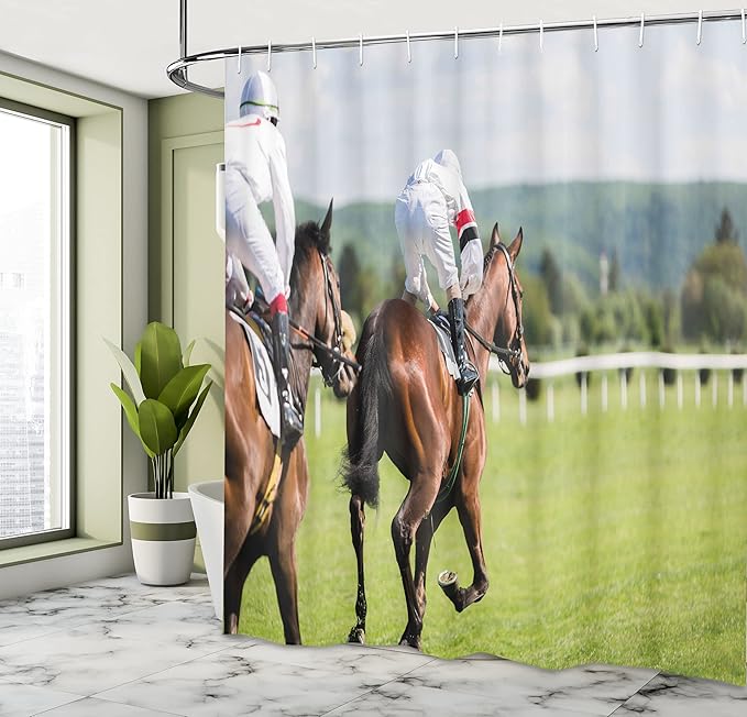 Ambesonne Modern Shower Curtain, Performance Sport Horse Racing Galloping Jockeys Hobby Activity Picture, Cloth Fabric Bathroom Decor Set with Hooks, 69" W x 70" L, Brown Green