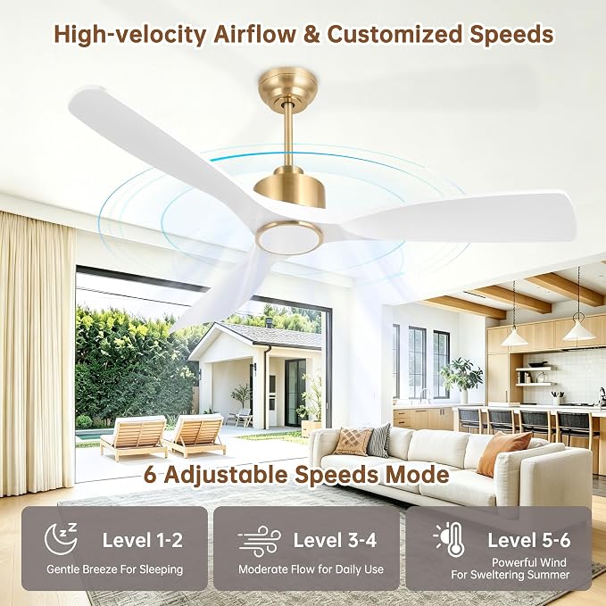Ovlaim 52 Inch Smart Ceiling Fan with Light Remote, 6 Speed Quiet DC Motor High CFM, 3 Blade Modern White Gold Ceiling Fan for Bedroom Living Room, ETL Certified