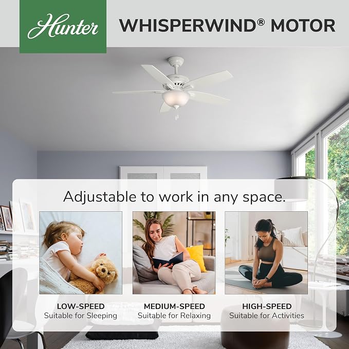 Hunter 52 inch Indoor Ceiling Fan with LED Light - White Ceiling Fan with Pull Chain, For Bedroom or Living Room, Standard Mount, No Remote, 5 Blades, Includes Bulbs - Newsome 53310, Fresh White