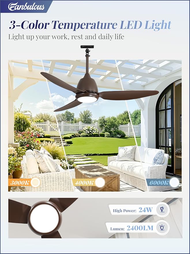 Fanbulous 42" Outdoor Ceiling Fan with Light, IP65 Waterproof Wet Rated, Plug in Gazebo Fan with 10FT Cord, Smart APP & Remote, 6-Speed Reversible DC Motor, 3CCT Dimmable LED for Patio Porch (Bronze)