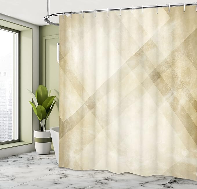 Ambesonne Tan Shower Curtain, Striped Vintage Faded Squares and Angled Lines Dated Antique Display with Modern Pattern, Cloth Fabric Bathroom Decor Set with Hooks, 69" W x 75" L, Beige Tan