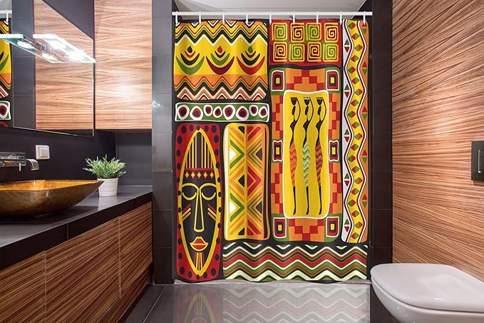Ambesonne African Stall Shower Curtain, Elements Historical Original Striped and Rectangle Shapes Design, Fabric Bathroom Decor Set with Hooks, 54" W x 78" L, Scarlet Yellow