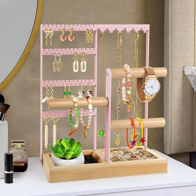 Godboat Jewelry Stand - 48 Holes Earring Holder, 4-Tier Necklace Organizer | 6 Hooks Jewelry Organizers and Storage, Bracelet Ring Rack with Wood Box, Preppy Gift Room Decor for Teen Girls Women, Pink