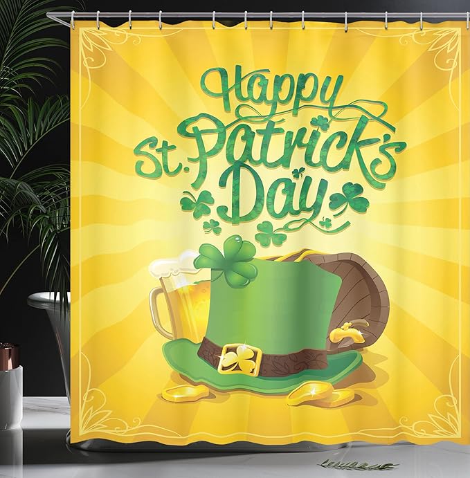 Ambesonne Irish Pub Shower Curtain, St Patrick's Day Celebration with Beer Clover Leprechaun Hat, Cloth Fabric Bathroom Decor Set with Hooks, 69" W x 70" L, Earth Yellow Green