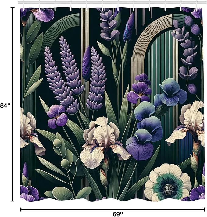 Ambesonne Lavender Shower Curtain, Mid Century Modern Boho Arch Details Jungle Atmosphere Blooming Flowers, Cloth Fabric Bathroom Decor Set with Hooks, 69" W x 84" L, Eggshell Green Purple