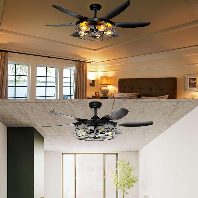 Ohniyou 52'' Rustic Farmhouse Ceiling Fan with Lights and Remote | Caged Light Fixture, E26 Bulbs Socket, Industrial Covered Outdoor Fans for Patio, Living Room, Dining Room, Bedroom, Black