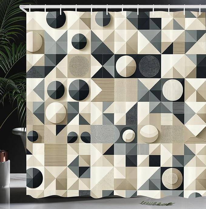Ambesonne Neutral Shower Curtain, Geometric Style Mosaic Look Squares and Circles Stripes Polygonal Art, Cloth Fabric Bathroom Decor Set with Hooks, 69" W x 84" L, Beige Dark Slate Blue