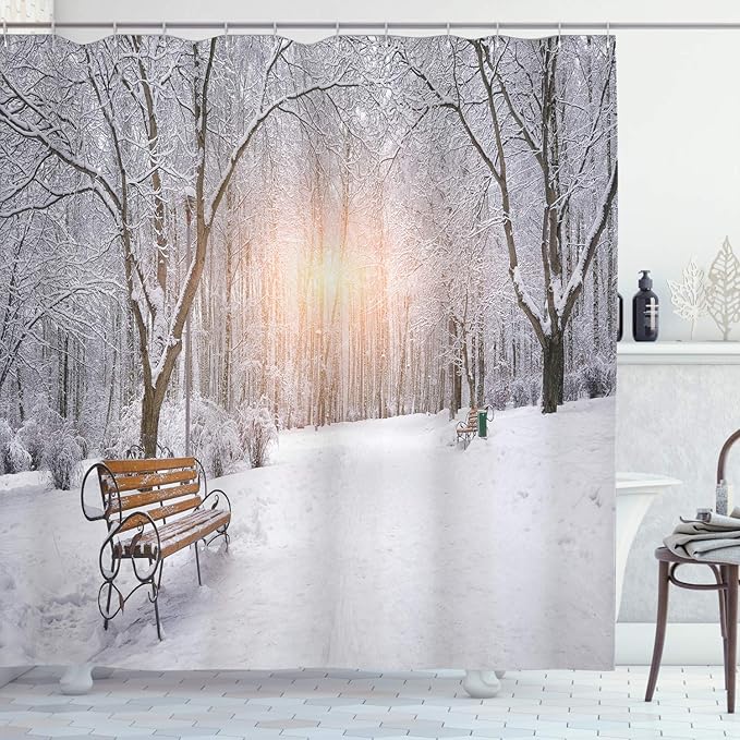 Ambesonne Winter Shower Curtain, Snowy Leafless Trees and Benches in The City Park Sunset Woodland Outdoors, Cloth Fabric Bathroom Decor Set with Hooks, 69" W x 70" L, Orange White