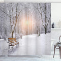 Ambesonne Winter Shower Curtain, Snowy Leafless Trees and Benches in The City Park Sunset Woodland Outdoors, Cloth Fabric Bathroom Decor Set with Hooks, 69" W x 70" L, Orange White