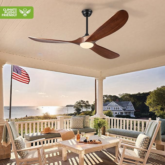 Haipeel 52 Inch Outdoor Ceiling Fan with Light and Remote, Solid Wood | Dimmable 3 Color LED with Memory 3 Blade Walnut Propeller Quiet High CFM Reversible BLDC, Damp Rated Outdoor Patios Farmhouse