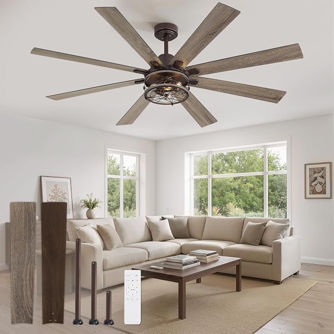 65 Inch Ceiling Fans with Lights, Farmhouse Ceiling Fan with Lights and Remote, Dual Finish 8 Blades Caged Rustic Ceiling Fans with 6 Speed Reversible Motor for Indoor/Covered Outdoor