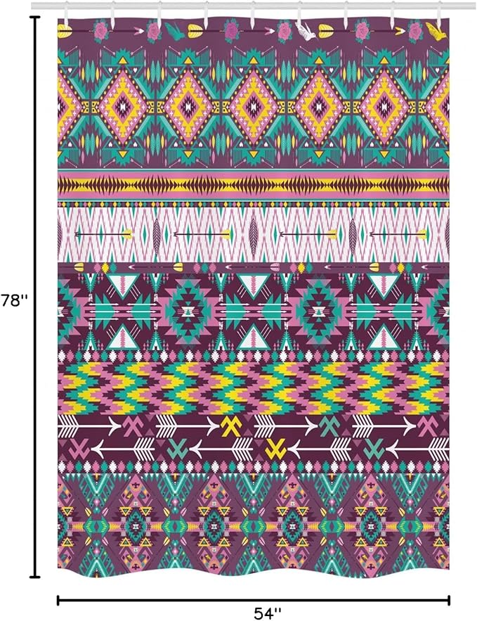 Ambesonne Tribal Stall Shower Curtain, Traditional Pattern Geometrics and Arrows Art, Fabric Bathroom Decor Set with Hooks, 54" W x 78" L, Teal Purple Yellow
