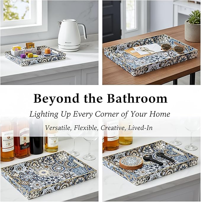 Hiceeden Set of 2 Decorative Serving Trays with Handles, Boho Tea Trays Ottoman Trays for Serving, Modern Plastic Coffee Table Tray for Living Room, Kitchen, Bathroom, Rectangle, Blue