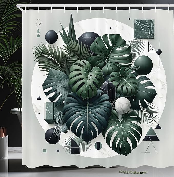Ambesonne Dark Green Shower Curtain, Tropical Leaves Monstera and Palms on Marble Print with Geometric Shapes, Cloth Fabric Bathroom Decor Set with Hooks, 69" W x 84" L, Pale Grey Emerald