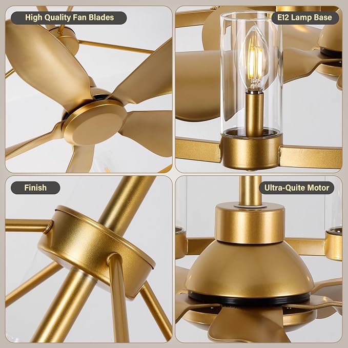 44" Wagon Wheel Chandelier Ceiling Fans with Lights and Remote with APP, 12-Lights Farmhouse Fandelier Fans with Glass Shade, Gold Industrial Lighting Fixture for Dining Living Room, Kitchen Island