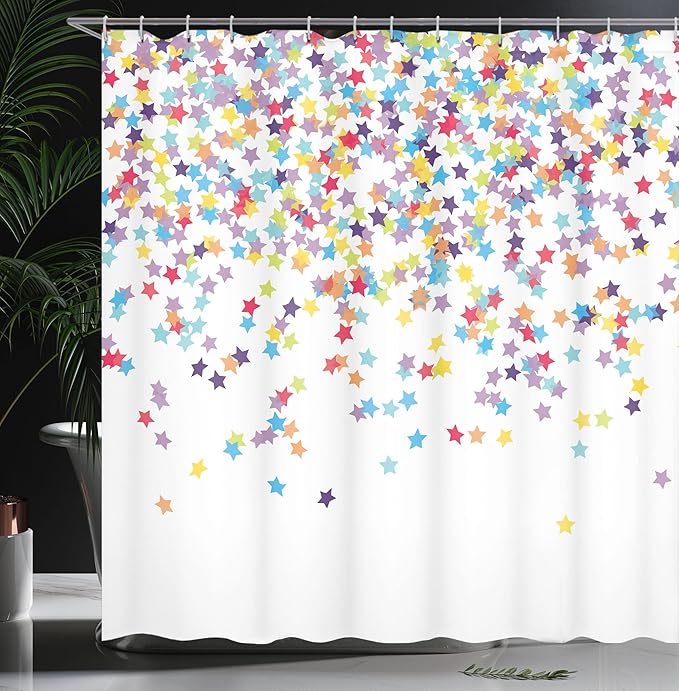 Ambesonne Star Print Shower Curtain, Falling Star Print Shaped Party Items Birthday Anniversary Surprise Party Celebration Theme, Cloth Fabric Bathroom Decor Set with Hooks, 69" W x 70" L