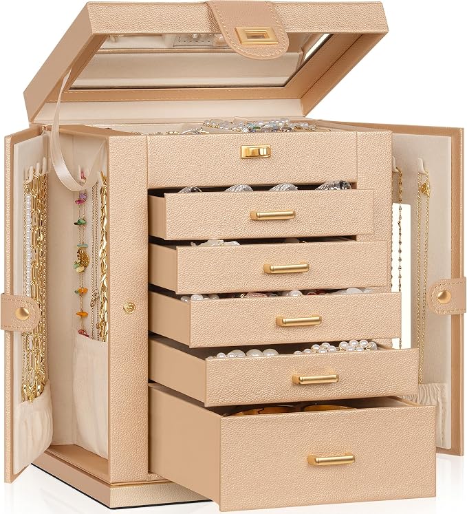 AKOZLIN 6-Tier Jewelry Box Organizer Functional 5 Drawers Leather Jewelry Storage Case for Women Girls Ring Necklace Earring Bracelet Holder Organizer with Mirror Champagne S-Medium