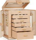 AKOZLIN 6-Tier Jewelry Box Organizer Functional 5 Drawers Leather Jewelry Storage Case for Women Girls Ring Necklace Earring Bracelet Holder Organizer with Mirror Champagne S-Medium