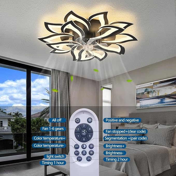 Dalouguan 35" Black Modern Ceiling Fan with Lights Remote Control, 6 Speeds 3 Light Color Low Profile Flush Mount Ceiling Fan for Kitchen Bedroom Living Room