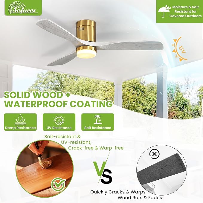 Sofucor 52 Inch Low Profile Ceiling Fans with Light, Modern Flush Mount Solid Wood Ceiling Fan with Airflow 5000CFM, Quiet DC Motor, 6 Speeds, Timer & Reversible for Bedroom Living Room, ETL, Gold