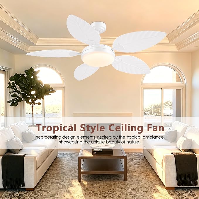 GJeg Tropical Ceiling Fans with Lights and Remote,52Inch Outdoor Palm Leaf Ceiling Fan for Patios Porch Bedroom, Dimmable LED Light, 6 Speeds, Reversible, White