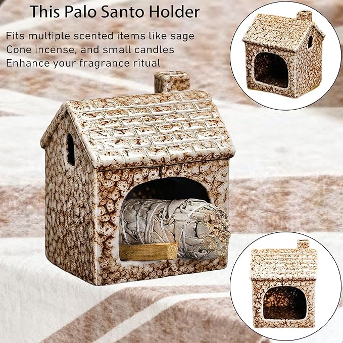 Ceramic Mini Chiminea Palo Santo Burner | Sage & Incense Cone Holder | Stable Smudge Bowl for Zen Altar, Meditation, Yoga | Home Decor & Gift (Brown)