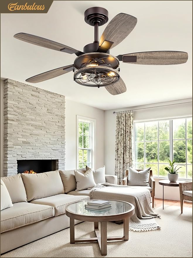 Fanbulous Farmhouse Ceiling Fan with Light and Remote, Industrial Caged Flush Mount Ceiling Fans with 6 Speed Reversible Motor and Dual Finish 5 Blades, for Living room, Bedroom (Oil Bronze, 42 Inch)