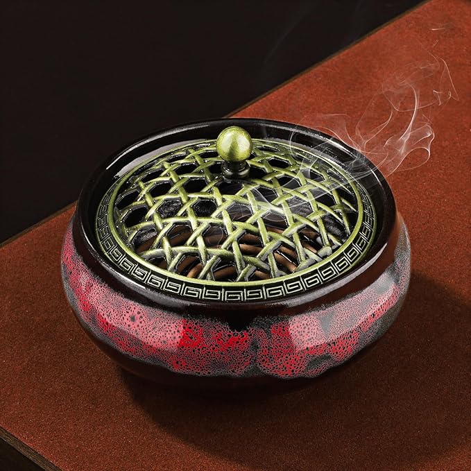 Ceramic Incense Burner for Cone and Backflow Incense, Metal Lid, Stainless Steel Incense Holder, Incense Bowl with Incense Cone Holder & Burner Holder (Fambe Red)