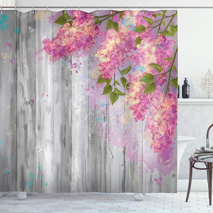 Ambesonne Flower Shower Curtain, Floral Watercolor Style Effect Branches of Lilac Bloom on Wooden Background Print, Cloth Fabric Bathroom Decor Set with Hooks, 69" W x 70" L, Grey Pink