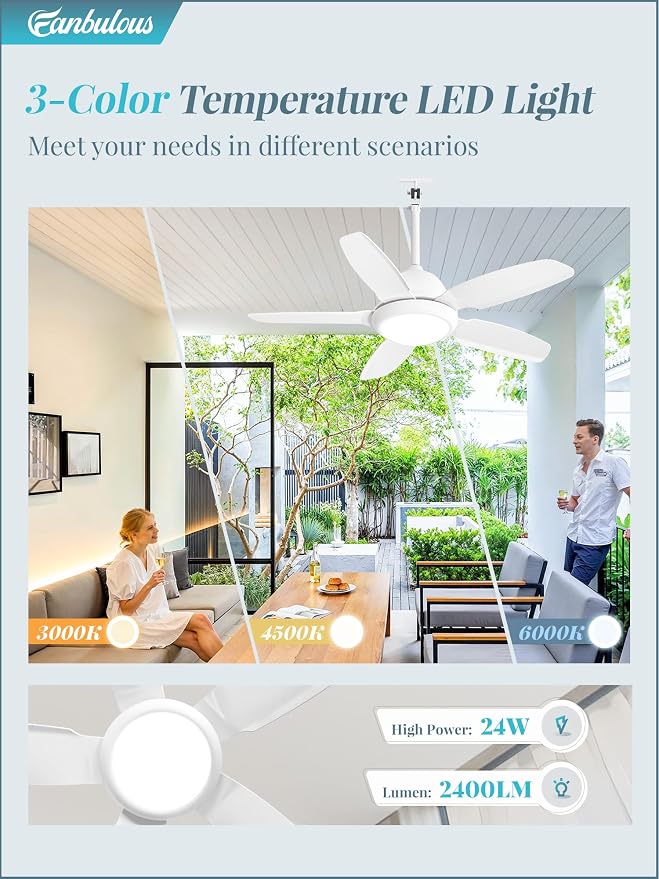 Fanbulous 42 Inch Waterproof Outdoor Ceiling Fan with Light for patio,White | IP65 Wet Rated, 3CCT Dimmable Light,Remote Control,6-Speed DC Motor, Plug-in Cord, Hanging Hook for Gazebo, Porch, Pergola.