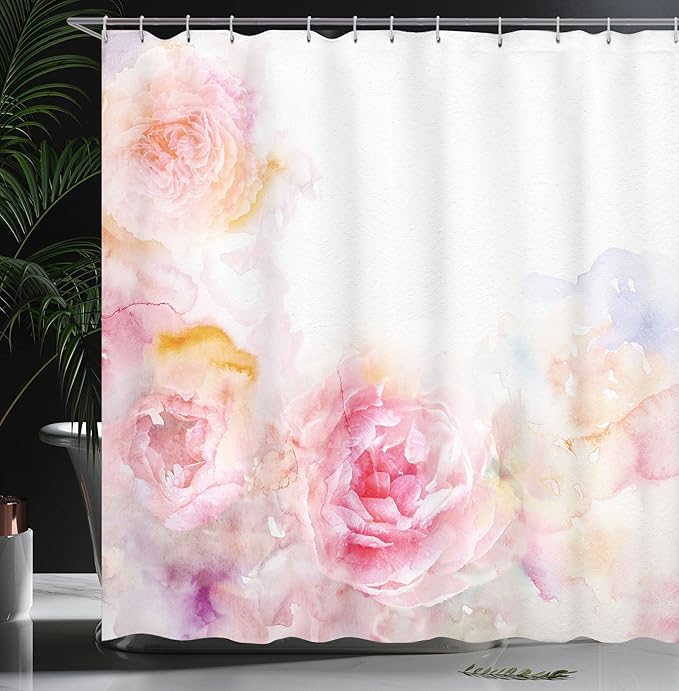 Ambesonne Shabby Flora Shower Curtain, Nature Garden Romantic Victorian Flowers Roses Leaves Image, Cloth Fabric Bathroom Decor Set with Hooks, 69" W x 75" L, Pale Pink Hot Pink