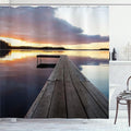 Ambesonne Landscape Shower Curtain, Serenity Relaxing Themed Port Pier Wooden Rustic Image of Dawn Sunset in Lake Art, Cloth Fabric Bathroom Decor Set Hooks, 69" W x 70" L, Multicolor Indigo Pale Blue